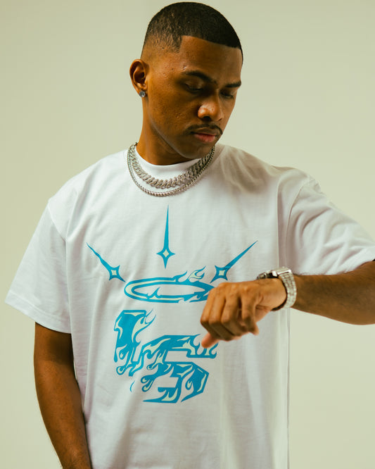 16 BLUE FLAME LOGO Tee in White
